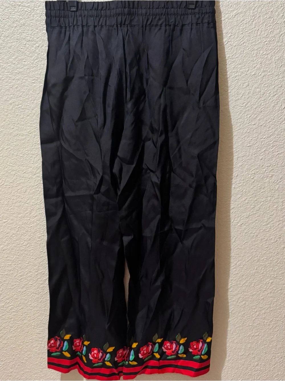Kate Spade Black Floral-Trim Elastic Waist Silk Pajama Pants M NWT